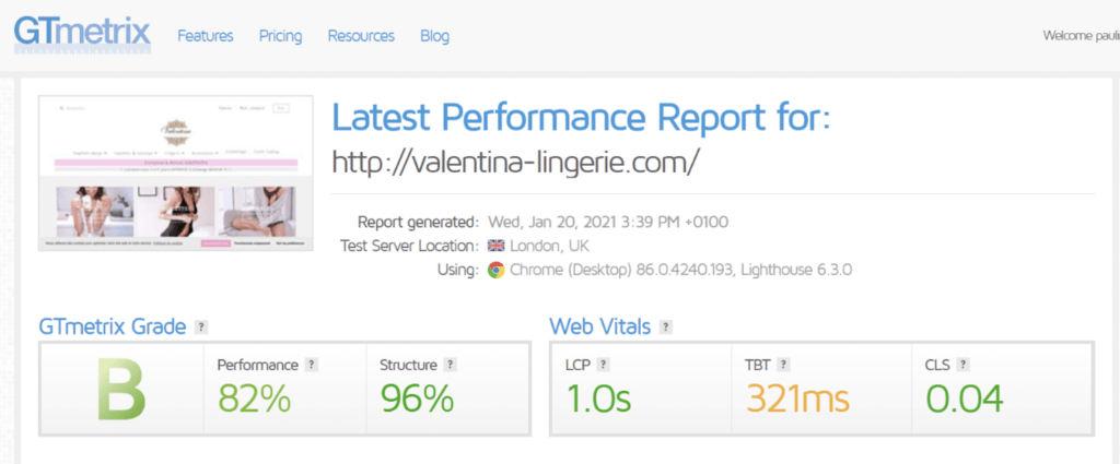 Performances du site Valentina Lingerie après optimisation avec Toolkit
