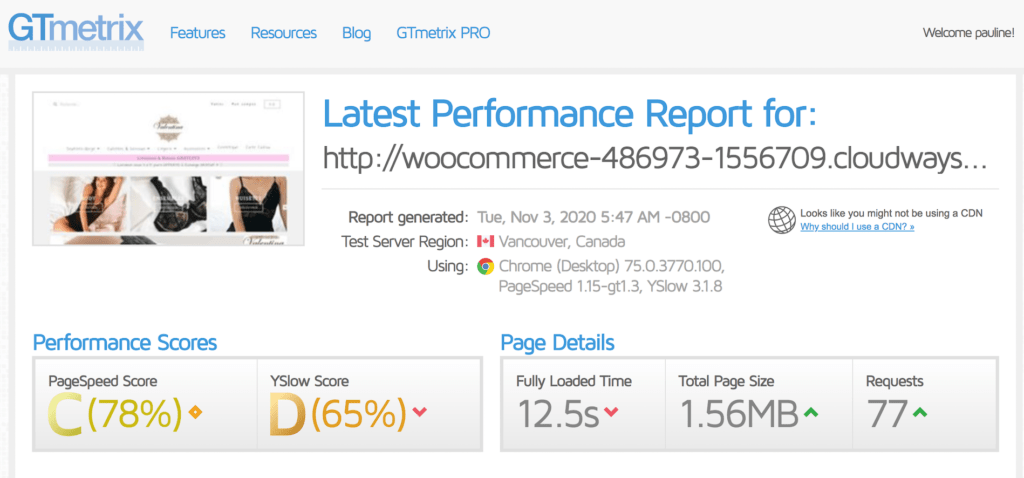 Valentina Lingerie website performance before optimization with Toolkit