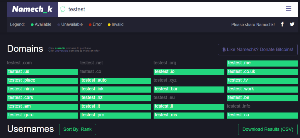 check the availability of domain names and user names.