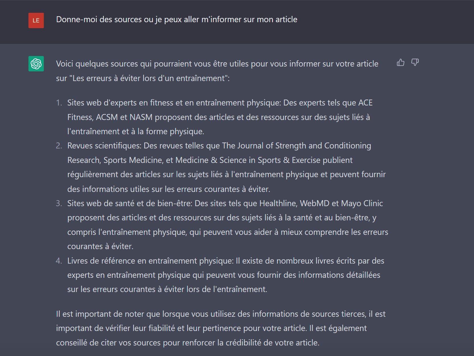 Prompts ChatGPT redaction sur les sources d'information pour un article