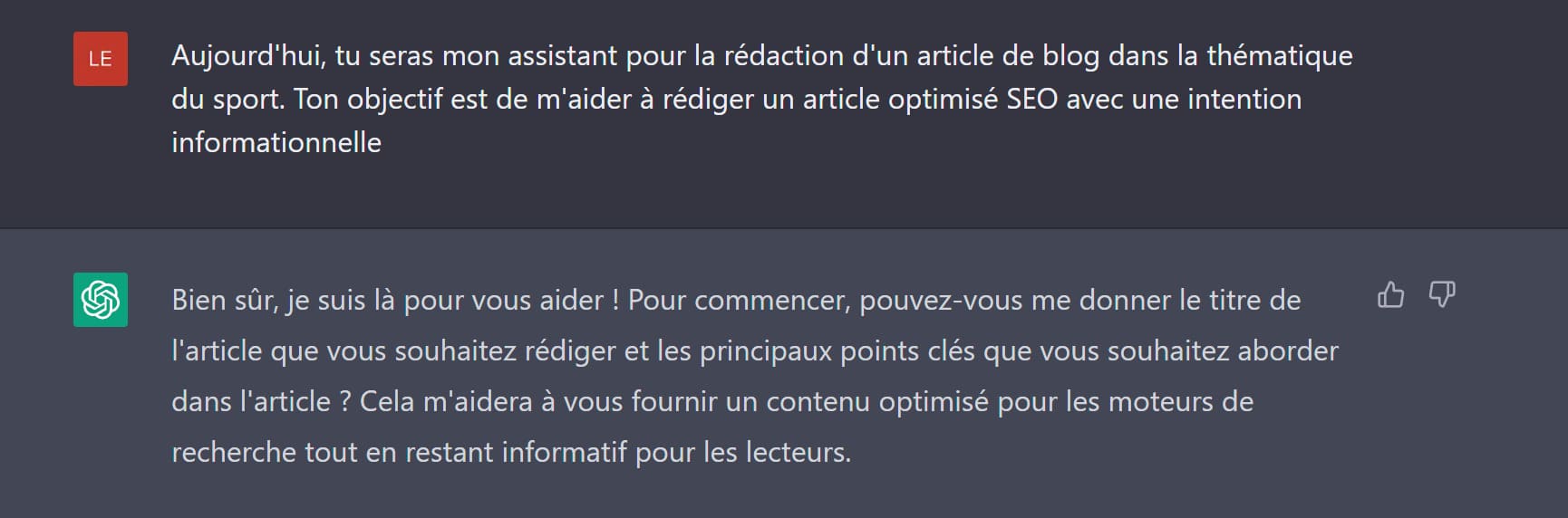 Prompts pour définir le chatbot comme notre assistant dans notre rédaction