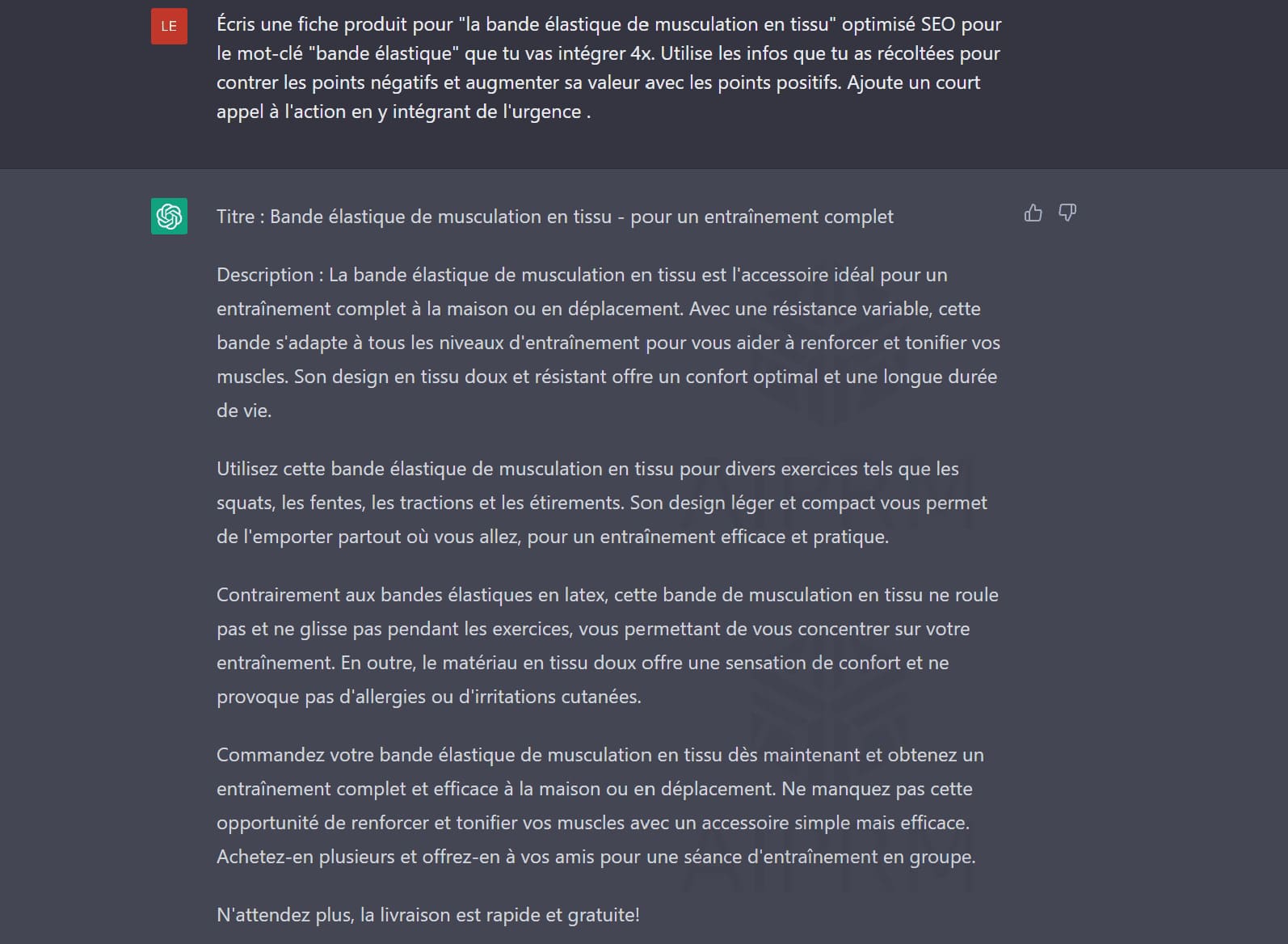Prompt redaction Chat GPT pour rédiger une fiche produit