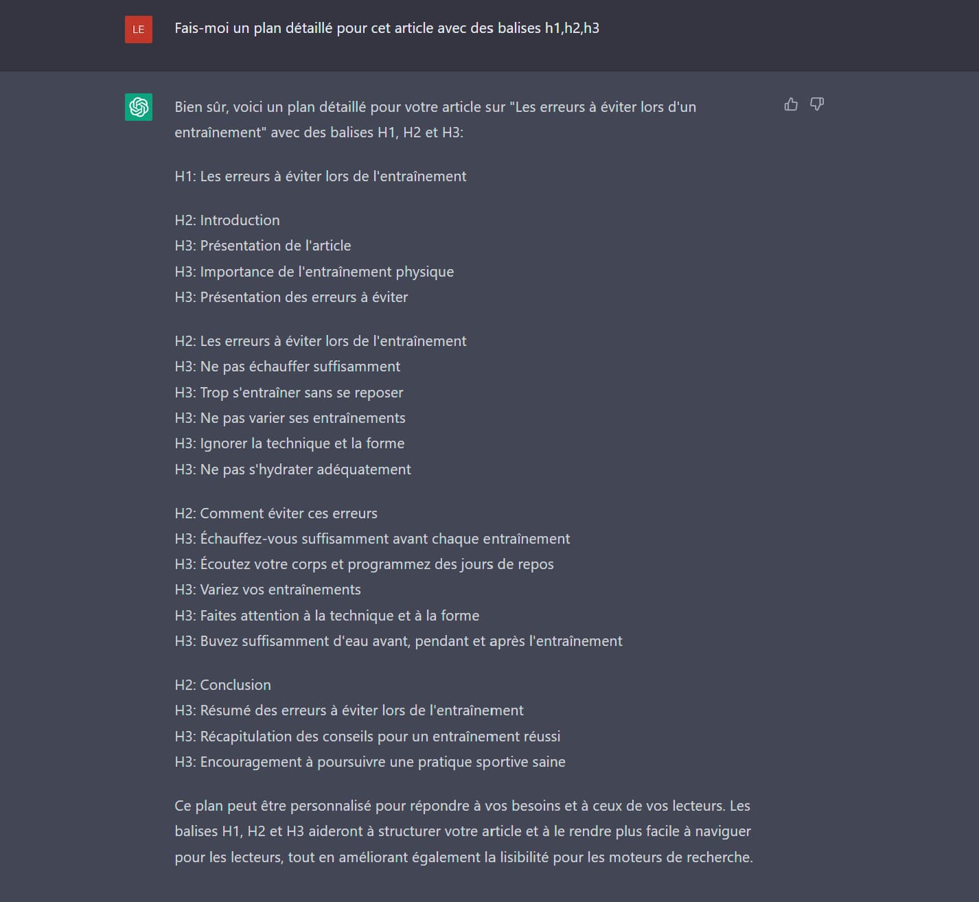 Prompts ChatGPT redaction sur le plan d'un article