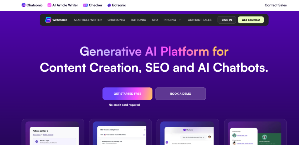 Aperçu du site writesonic : plateforme d'IA pour la création de contenu, le référencement et les chatbots