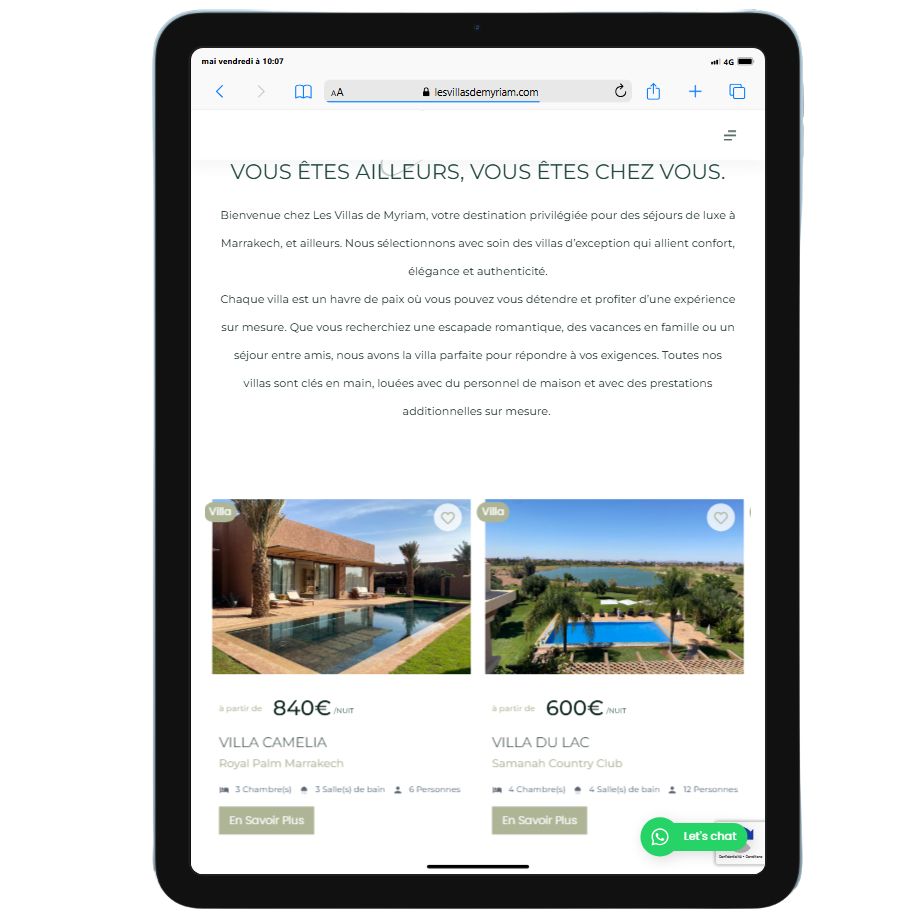 Apercu du site Lesvillasdemyriam sur tablette Les Villas de Myriam : refonte et stratégie SEO 2025