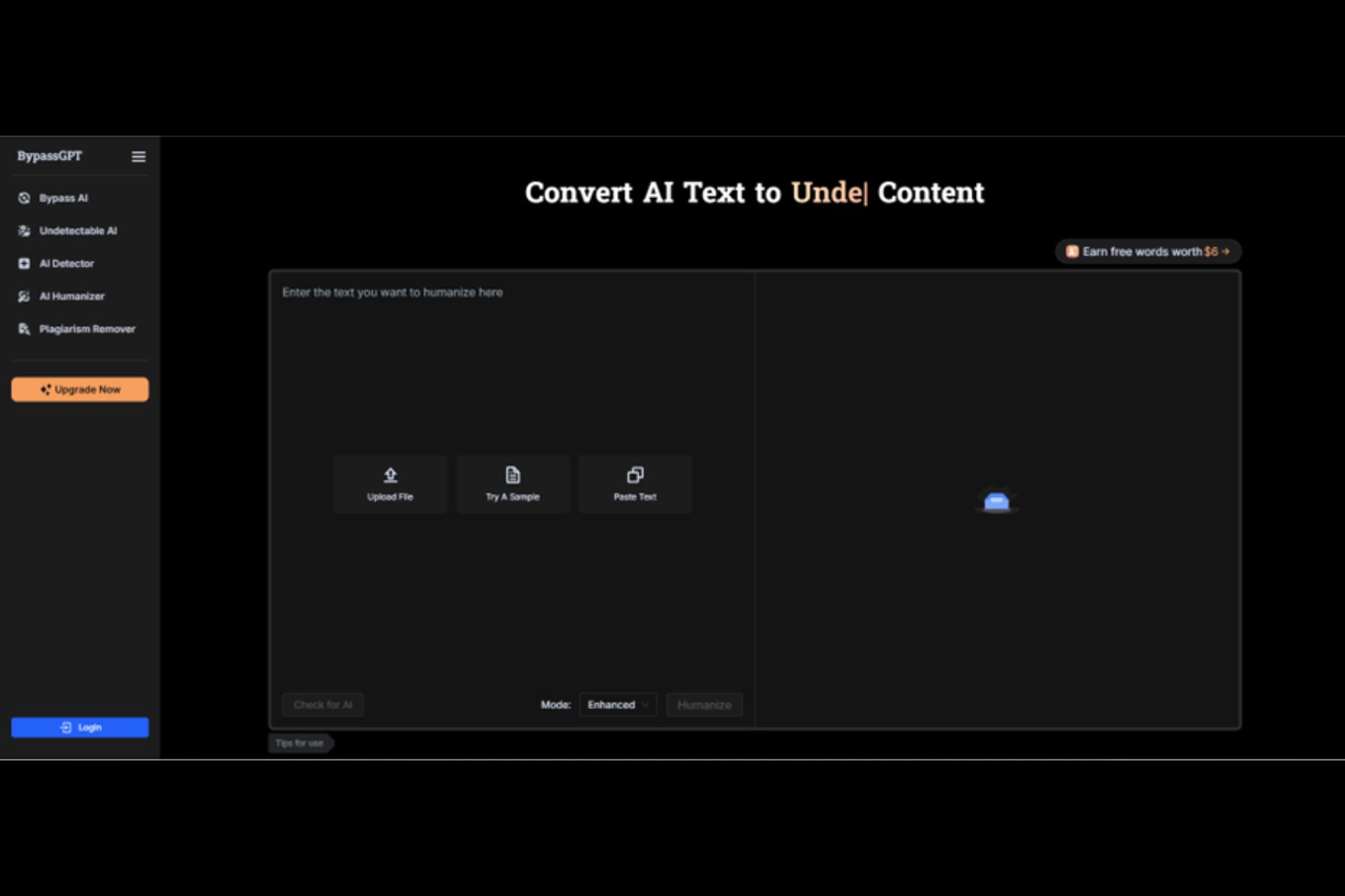 BypassGPT : comment humaniser un texte généré par l’IA 1 Interface de BypassGPT