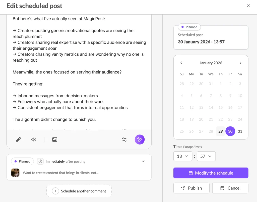 comments schedulign feature 1 Magicpost : L'outil IA simple pour booster votre visibilité sur LinkedIn 2026